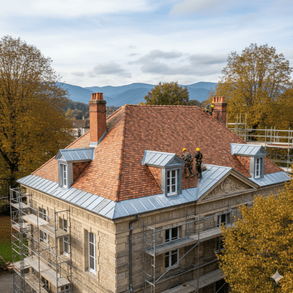 Rénovation complète de toiture avec tuiles Côte de Beaune et zinguerie à Luxeuil-les-Bains