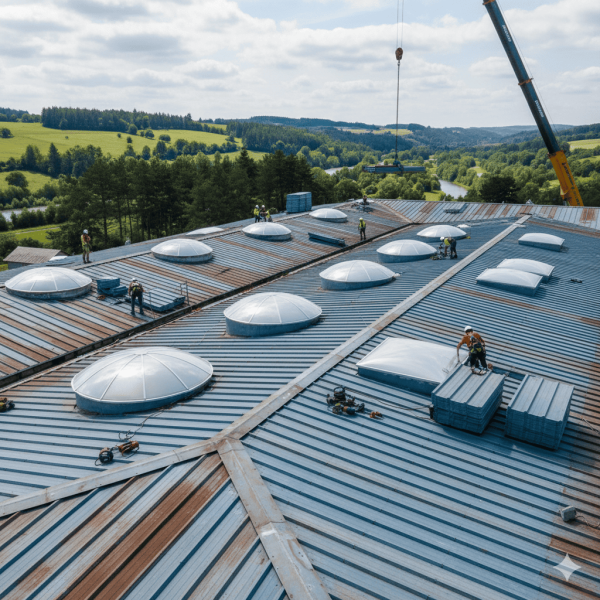 Rénovation de toiture bac acier avec skydomes rénovés sur bâtiment industriel dans le Doubs