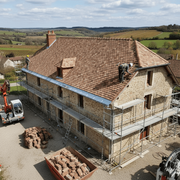 Rénovation complète de toiture avec tuiles Côte de Beaune et gouttières zinc à Corbenay